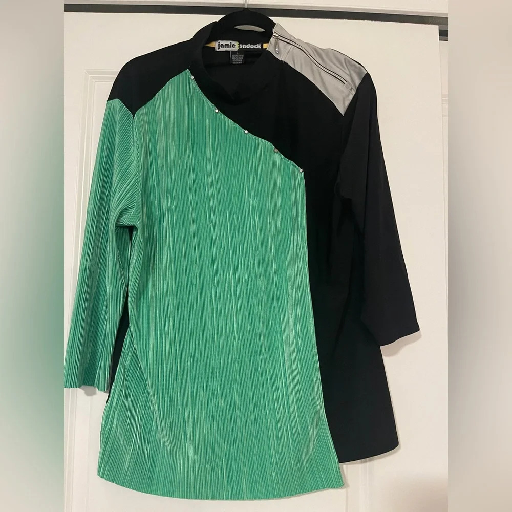 Jamie Sadock Top Tunic L Crinkle Ribbed Green Black Asymmetric Zip Studded Golf